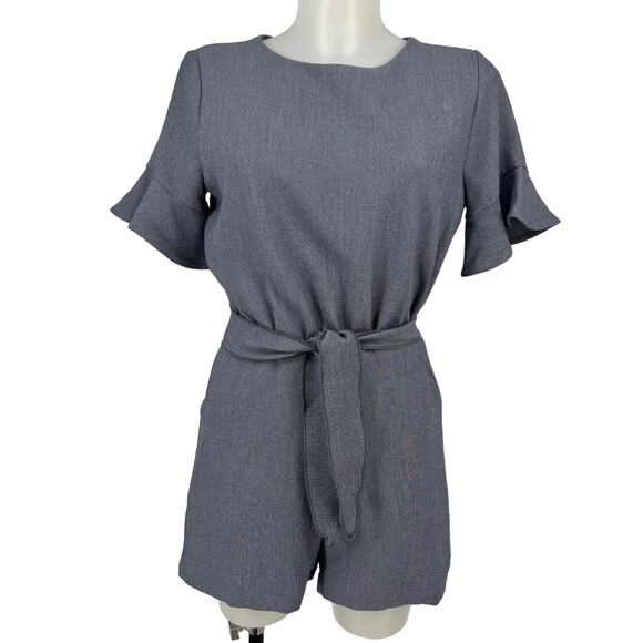 Line And Dot Flounce Sleeve Romper Small Blue Belted Open Keyhole Button Pockets - Picture 2 of 10